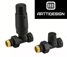 Комплект кранів прямих з термоголовкою 1/2” x 1/2” (Чорний матовий)