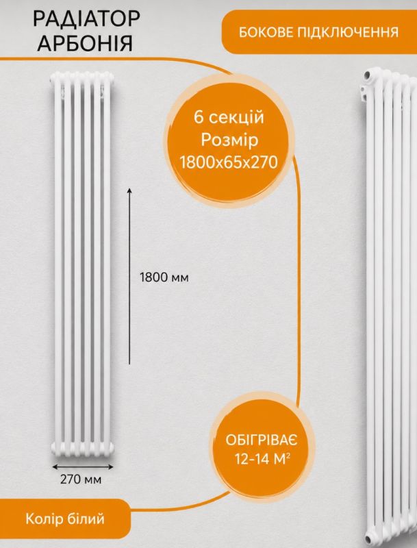 Трубчастий радіатор Arbonia 2180/6 бокове підключення