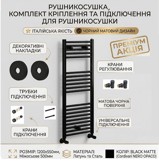 Черный полотенцесушитель Cordivari + черные краны Carlo Poletti + черный маскировочный комплект