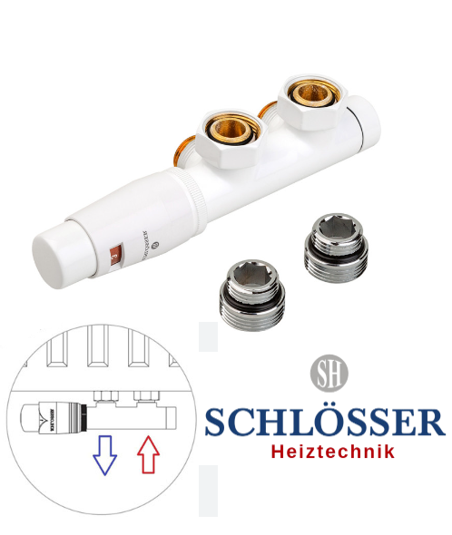 Комплект Schlosser Duo-Plex 3/4 x M 22х1,5 угловой левый + 2 шт ниппель, головка MINI, белый
