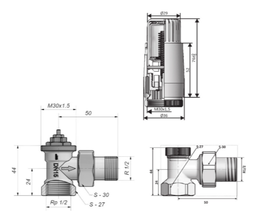 Комплект термостатический Schlosser хром, угловой, головка Mini M30x1,5