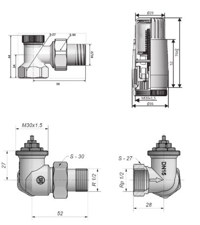 Комплект термостатичний Schlosser STANDARD MINI GZ1/2 x GW1/2, осьовий правий, RAL9005 мат